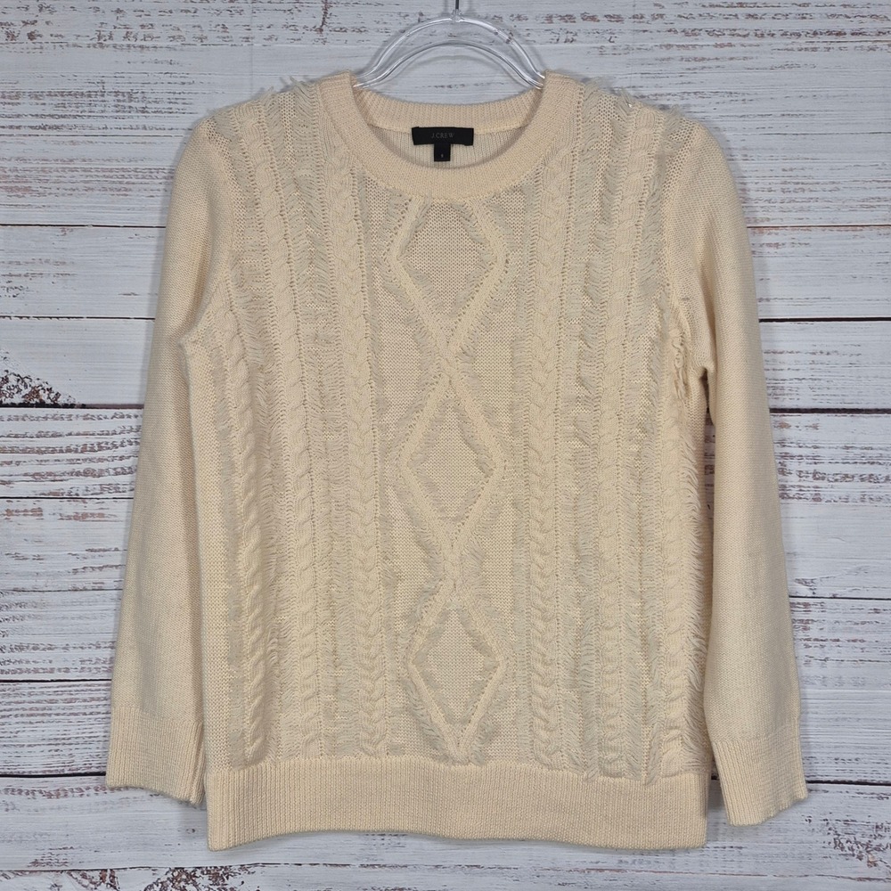 J.Crew Womens Cream 100% Merino Wool Cable Knit Fringe Crewneck Sweater Small